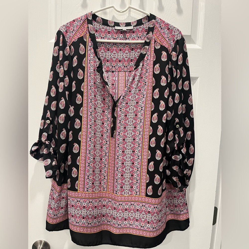 Daniel Rainn Peasant Top, Blacks, Pinks and Blues. Women’s Size 3x
